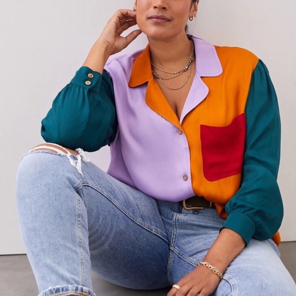 Farm Rio for Anthropologie Puff Sleeve Colorblock Button Down Shirt - Picture 8 of 8